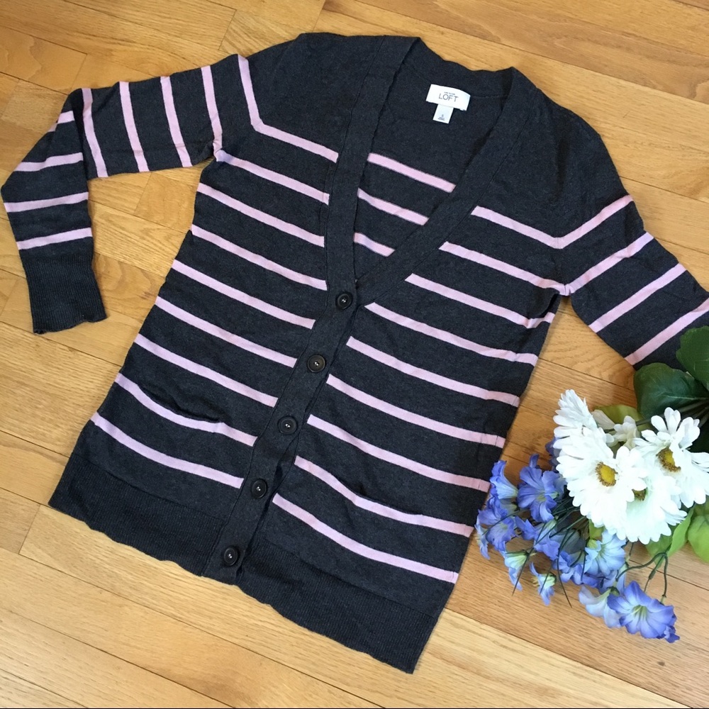 LOFT✨Gray & Pink Striped Cardigan✨Small